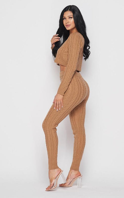 Cable Knit Crop Top and Leggings Set - Mocha - SohoGirl.com